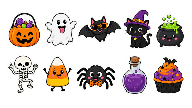 Kawaii Halloween vector sticker set with 10 items including ghost, pumpkin, and bat