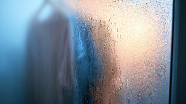 Frosted glass window clothes silhouette steam condensation blurred figure laundry day abstract background warm light cool blue beige tone negative space