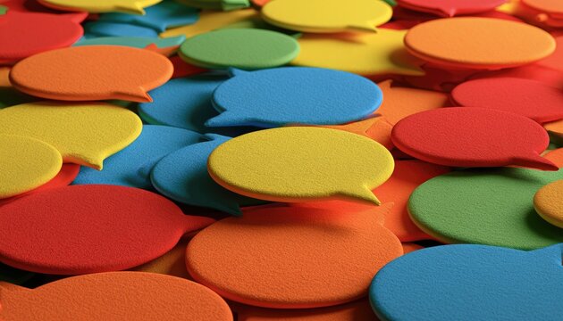 A vibrant, scattered pile of colorful speech bubble shapes, conveying communication