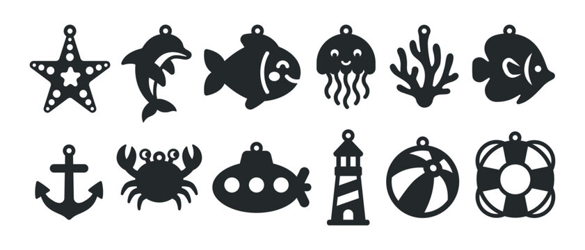 Set of cute summer beach theme designs for earrings, pendant or keychain. Sea animals jewelry laser cutting templates. Vector stencils of hanging bijouterie. Vacation jewellery silhouette