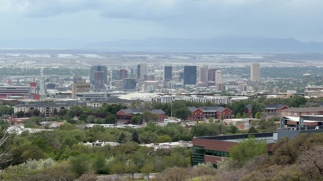 Panorama of Salt Lake City downtown skyline from the Living Room Trail in Wasatch Mountains