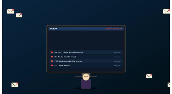 Overwhelmed inbox with unread emails and digital animation