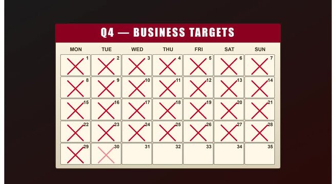 Q4 business targets calendar with failed stamp animation