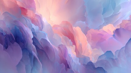 Fototapeta premium Soft clouds swirl in dreamy pastel hues. Pink, purple, and blue blend in flowing motion. Light glows gently from the upper center. Ideal for calming, abstract, or artistic backgrounds