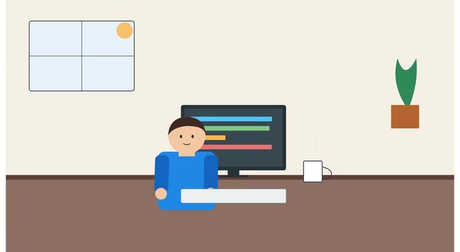 Animated software developer coding at desk minimalist animation