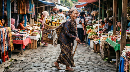 Obraz premium Elderly Indonesian Jamu Gendong Woman Carrying Herbal Drink Bottles in Wicker Basket Walking on Cobblestone Traditional Market Street