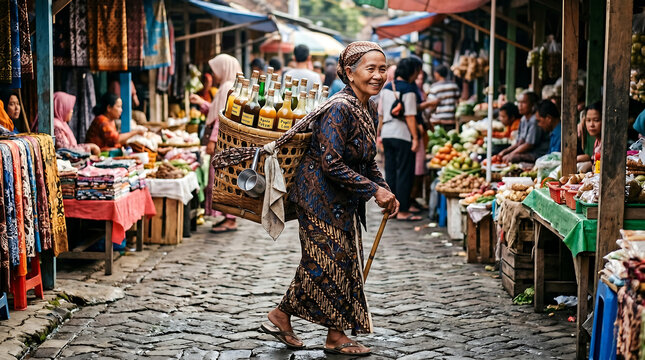 Elderly Indonesian Jamu Gendong Woman Carrying Herbal Drink Bottles in Wicker Basket Walking on Cobblestone Traditional Market Street