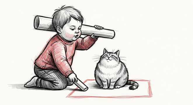 Curious child and cat playing with paper telescope indoors.