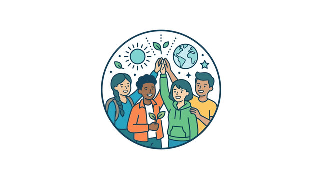 Diverse group of young people giving high five, celebrating environmental awareness and sustainability