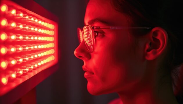 Person using red light therapy lamp for skin. Woman wears protective glasses during treatment session at home. Red LED device for wellness and beauty.