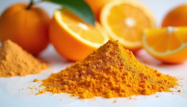 Orange slices and powder sit on white surface. Bright citrus fruit with vibrant yellow spice. Fresh natural ingredients for cooking, health, or cosmetic use.