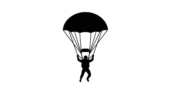 Black silhouette of a paratrooper descending with a parachute.