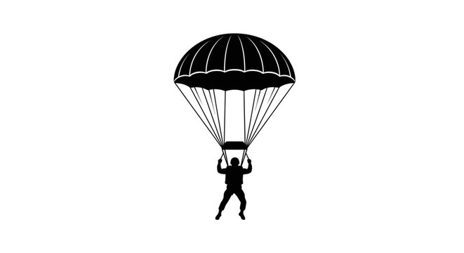 Silhouette illustration of a paratrooper descending with an open parachute.