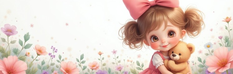 Fototapeta premium Sweet girl with big pink bow holds teddy bear. She is in garden full of flowers and sparkles. Artwork isolated on white background for design. Cute child portrait with toy.