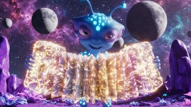 Blue alien playing a glowing accordion on a purple alien planet