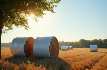 Obraz premium Wrapped haylage bales sit on dry field under clear sky. Sun shines brightly over rural landscape. Trees form distant dark line against horizon. This image shows preserved fodder ready for animals.