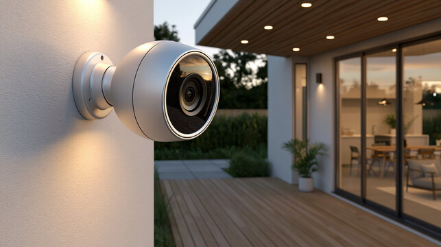 Security camera mounted on a house wall outside in the evening light
