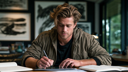 Fototapeta premium Man sits at a table writing in a notebook during a sunny afternoon indoors