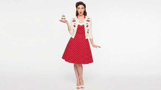 Woman in polka dot dress smiling while holding a cupcake on white background  