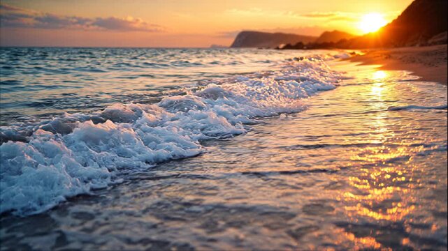 Cinematic view of golden hour sunset over sea waves washing on a sandy beach with coastal cliffs in the background