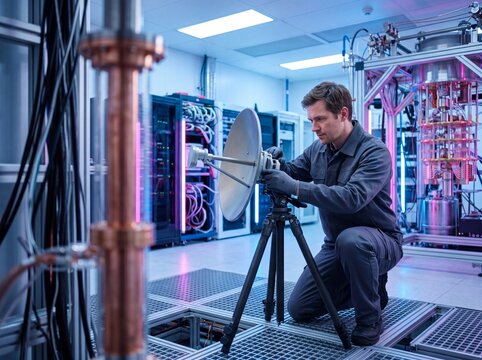 Technician adjusting parabolic antenna inside quantum computer lab