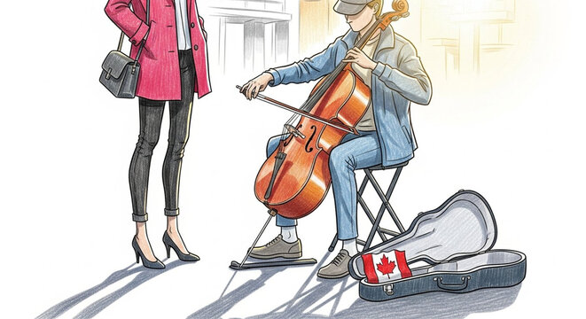 Street musician playing cello with Canadian flag detail outdoors.