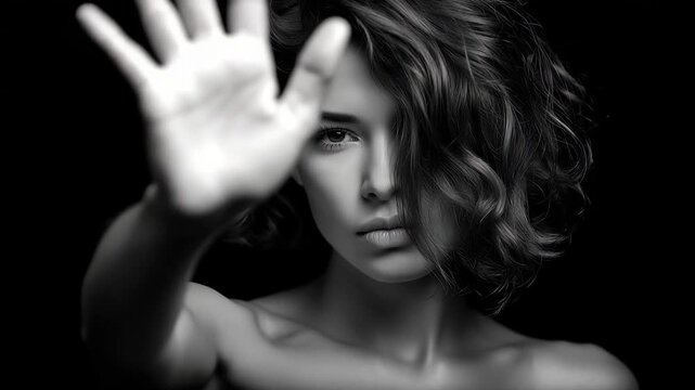 Black and white portrait of a woman signaling stop with her hand, emotional safety concept, fear and boundaries, dark realistic editorial stock photo A woman sits in a dark room
