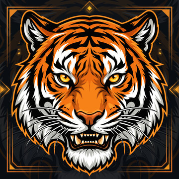Vibrant and fierce front-facing tiger head illustration, showcasing its powerful roar and intense gaze, perfect as a majestic mascot or powerful emblem design