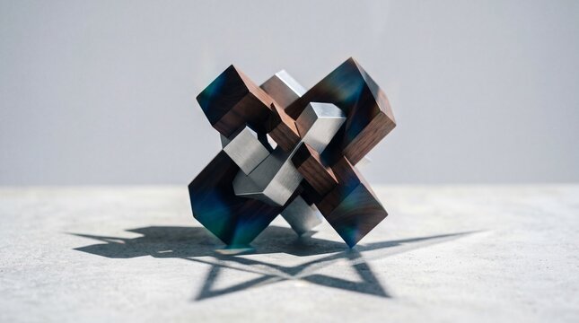 Geometric burr puzzle sculpture casting intersecting shadows