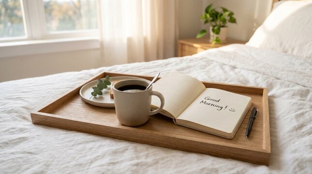 Cozy breakfast tray with coffee and notebook on a bed  
