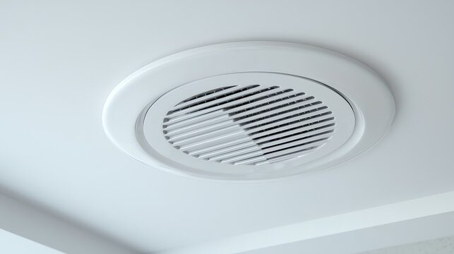 Round white ceiling ventilation grille and exhaust fan vent flush mounted in a clean modern interior ceiling for heating cooling and indoor air quality systems