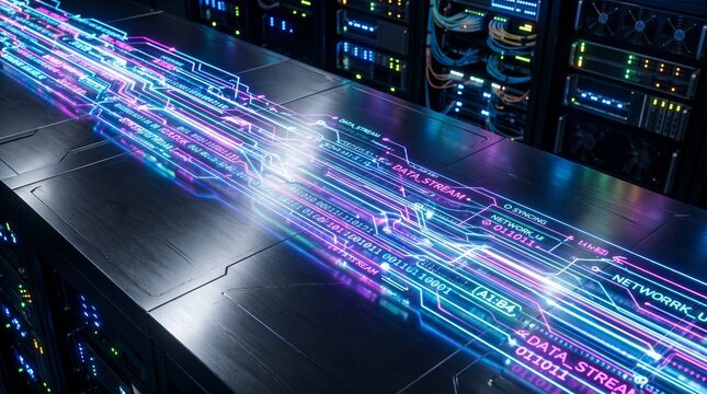 Digital data streams glowing on server rack background  