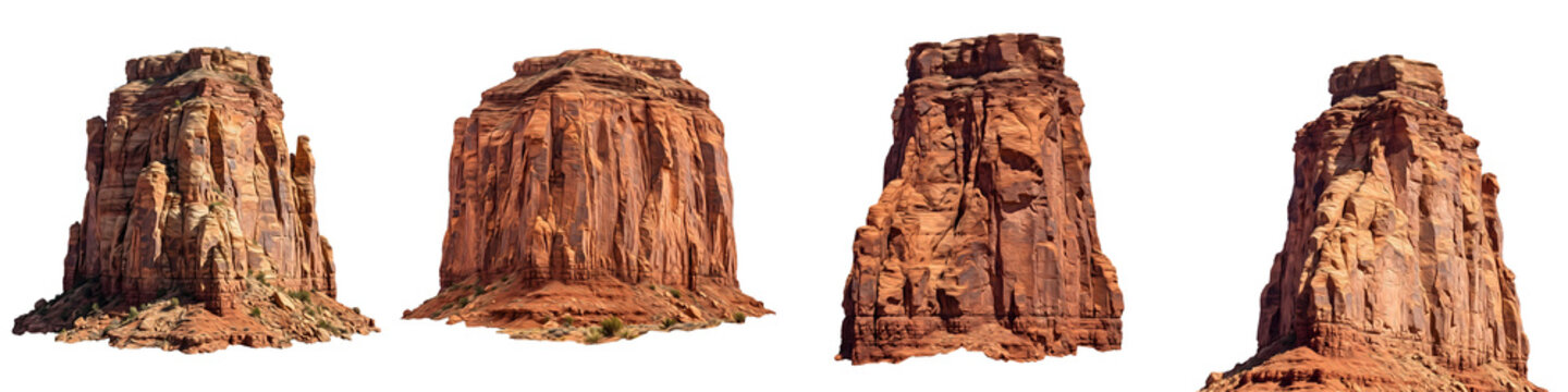 Isolated Red Sandstone Rock Formations Set, Natural Desert Buttes and Mesa Cliff Elements for Geology and Travel Background Compositing, High Resolution Texture