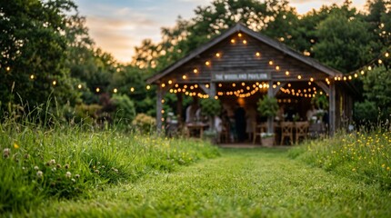 Fototapeta premium Rustic wooden pavilion glows with string lights beside a grassy field at sunset.