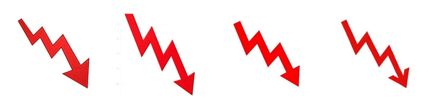 Set of four isolated red jagged trend arrows pointing downwards, symbolizing financial decline, loss, negative growth, or reduction for business and analytical design projects.