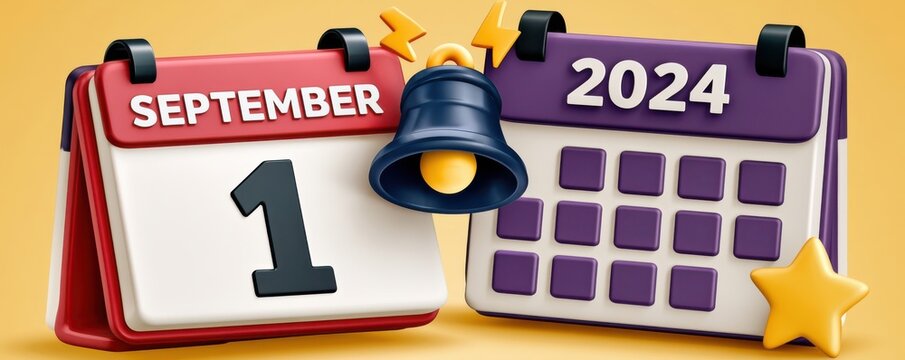September 1 2024 calendar reminder with ringing bell and star - date notification and schedule planning