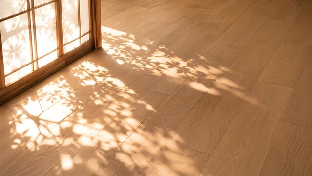 Komorebi Morning Light Leaf Shadow on Oak Wood Floor Japan Background Copy Space Design