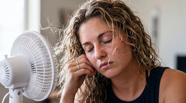 A sweaty woman with damp hair rests her head near a blowing electric fan. With eyes closed, the scene conveys a sweltering, exhausted, and intensely oppressive summer heat.