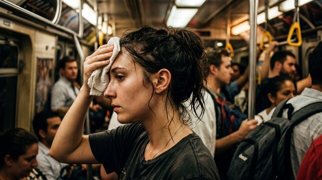 A sweaty woman wipes her forehead with a cloth on a crowded subway. Her exhausted profile conveys a sweltering, stifling, and intensely uncomfortable urban commuting feeling.