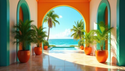 Obraz premium Bright sunlit entryway with potted palms frames ocean pool view. Orange and teal arches open to blue sky calm sea. Tropical resort architecture invites relaxation vacation leisure.