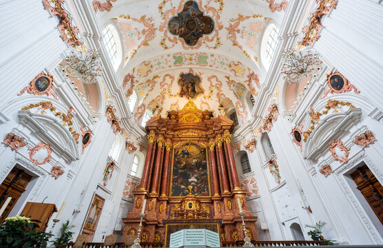 Jesuit Church Jesuitenkirche interior baroque architecture nave and high altar. Lucerne, Canton of Lucerne, Switzerland.