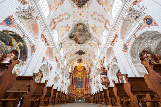 Jesuit Church Jesuitenkirche interior baroque architecture nave and high altar. Lucerne, Canton of Lucerne, Switzerland.