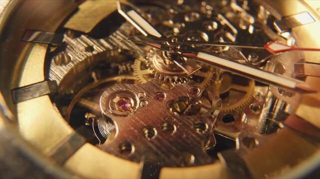 Detailed look at a mechanical watch showing its inner gears and workings captured in a close-up shot during bright lighting