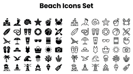 Fototapeta premium Beach Icons Set Features Summer Vacation Symbols and Illustrations