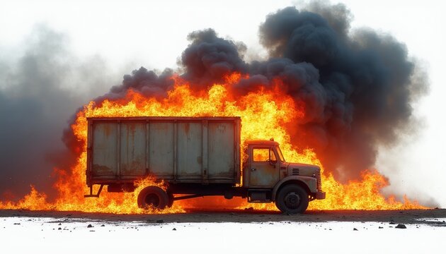 Delivery truck burns intensely with thick black smoke billowing into the sky. Dramatic fire engulfs vehicle. Scene shows destruction and chaos. Emergency services needed.