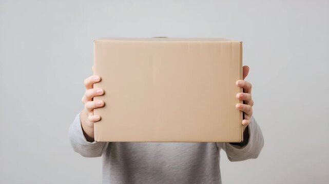 Hands presenting blank cardboard shipping box in clean studio, ecommerce delivery, online shopping parcel, packaging mockup, postal logistics and small business concept shipping