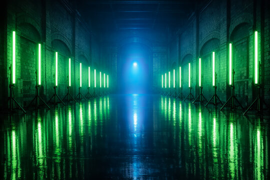 Futuristic Industrial Hall with Neon Tube Lights