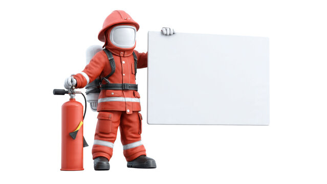 Firefighter holding blank sign with extinguisher