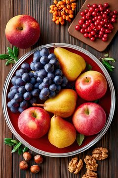 Autumn fruit still life with apples, pears, grapes and nuts on a rustic wooden table