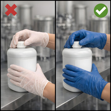 Chemical Handling PPE Comparison with Wrong vs Right Gloves, Industrial Safety Training Visual with Red X and Green Check for Workplace Compliance